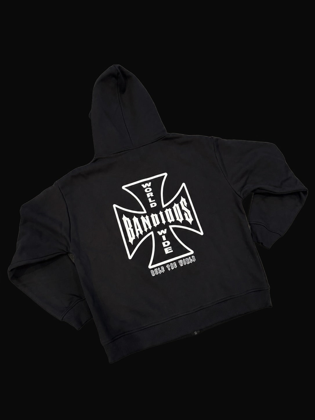 BANDIDOS STAPLE HOODIE back laid flat – black zip hoodie with white BANDIDOS cross graphic