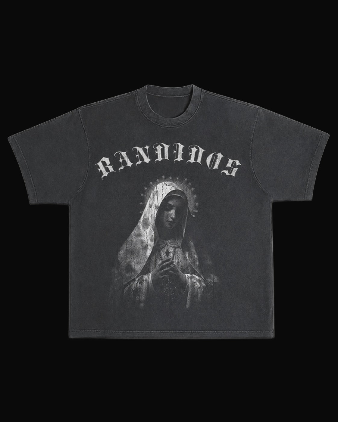 VIRGEN TEE – faded black tee with gray BANDIDOS logo and Virgin Mary graphic
