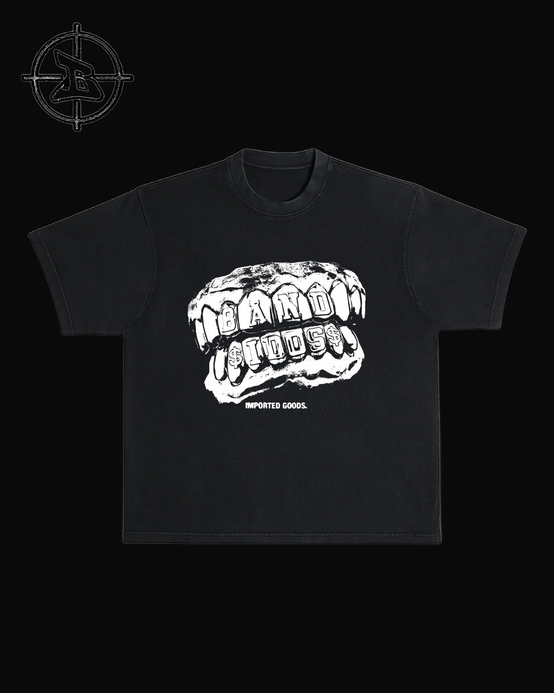 BANDIDOS GRILL TEE – black tee with white BANDIDOS grillz graphic and IMPORTED GOODS text