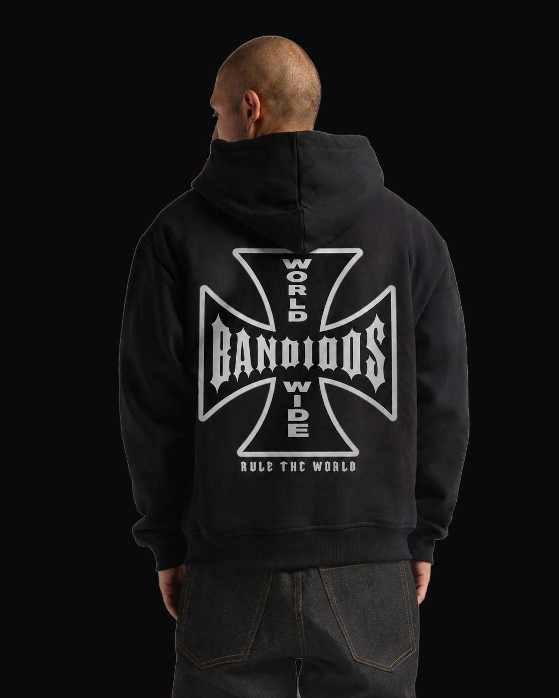 BANDIDOS STAPLE HOODIE back on model – large white cross graphic with BANDIDOS lettering