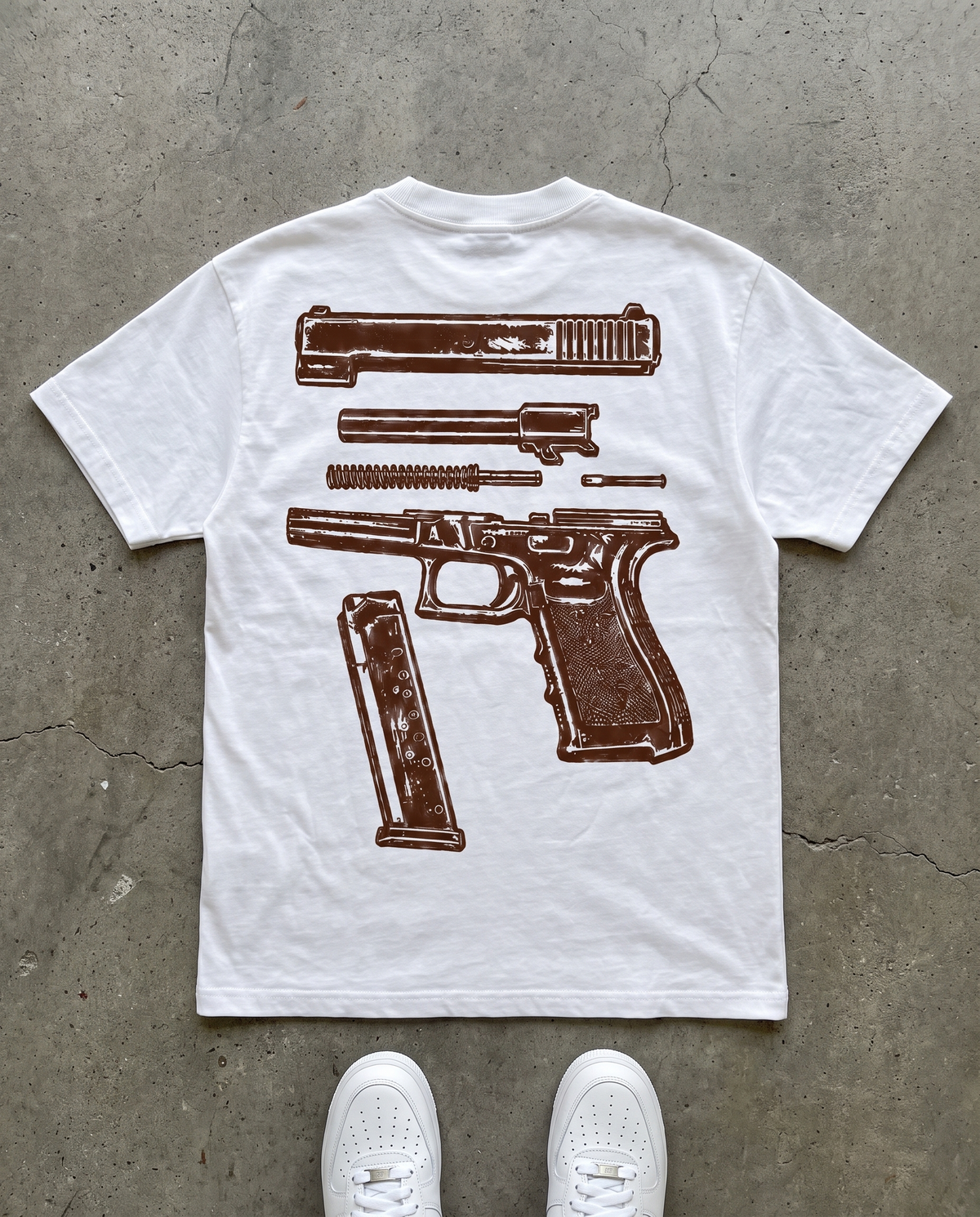 BANDIDOS CLASSIC TEE back – white tee with brown disassembled pistol graphic