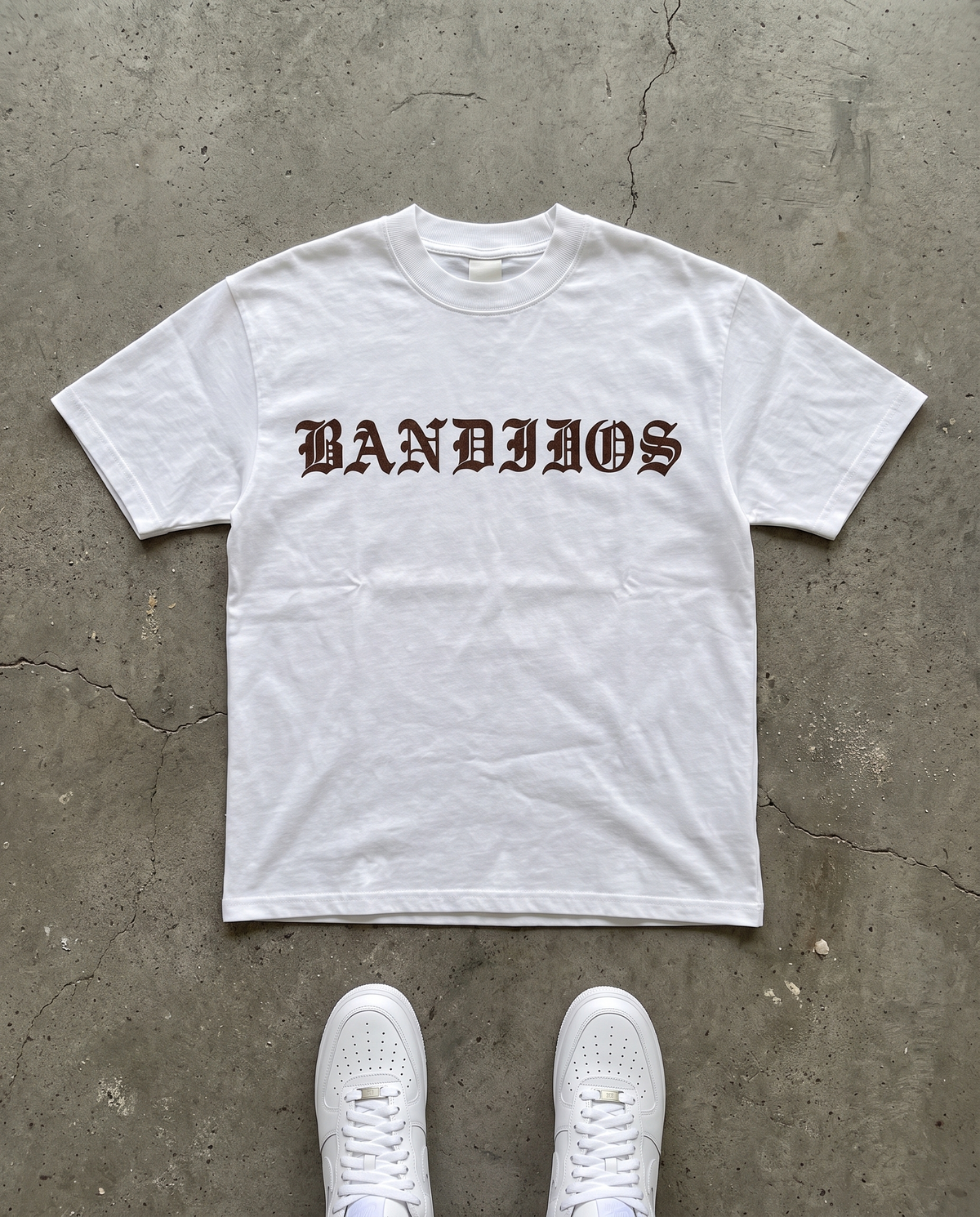 BANDIDOS CLASSIC TEE front – white tee with brown BANDIDOS logo
