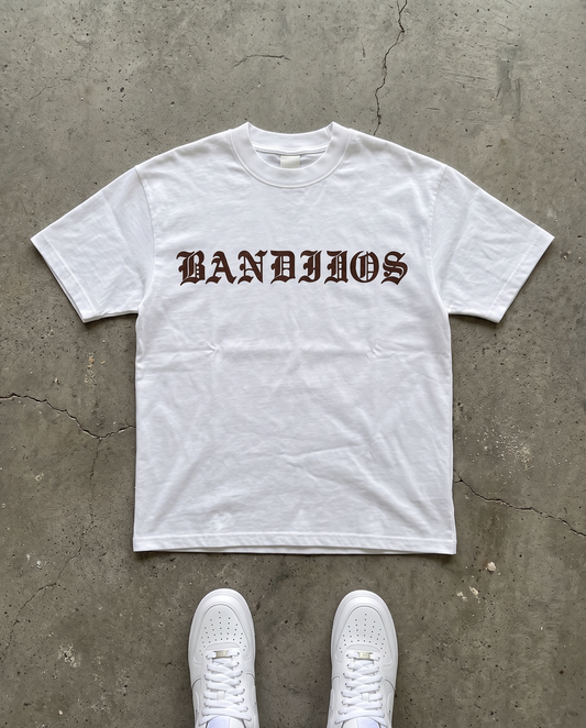 BANDIDOS CLASSIC TEE front – white tee with brown BANDIDOS logo